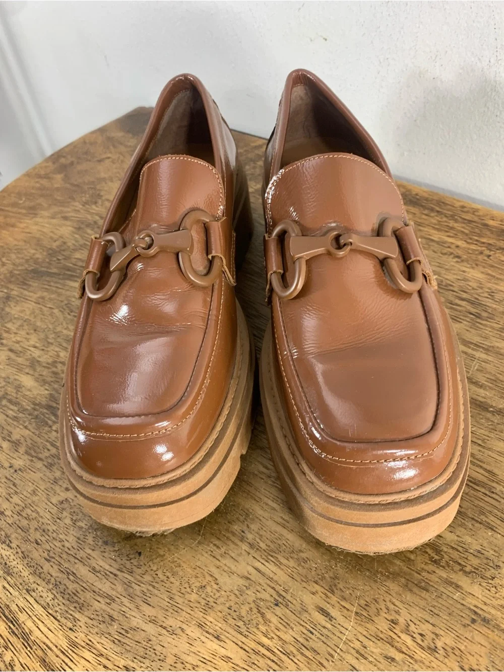 L’intervalle womens brown patent leather chunky platform horsebit loafers - Picture 3 of 8